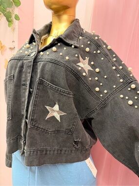 POL Black Pearl-Studded Cropped Denim Jacket with Star Patches